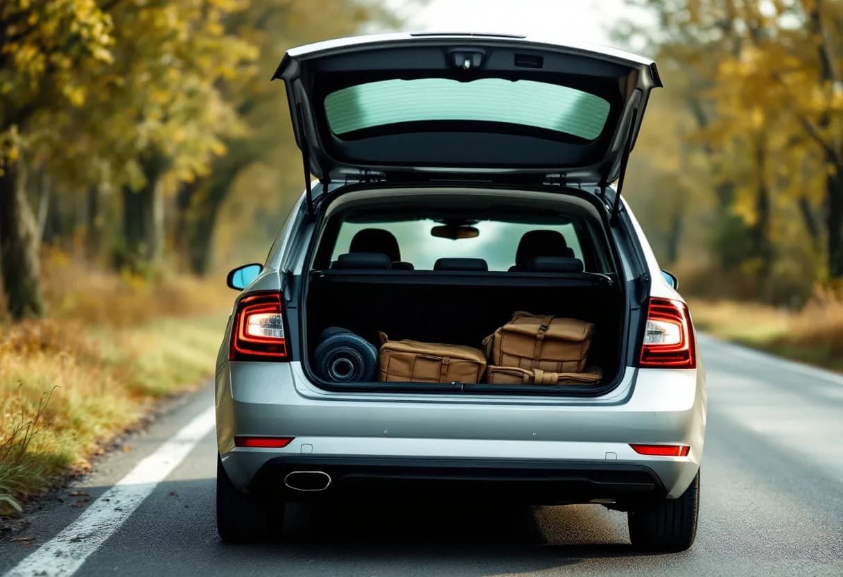 Een glimlachende jonge bestuurster zit achter het stuur van een zilveren Škoda Octavia op een zonnige Vlaamse landweg, met zicht op de kofferruimte vol kampeerspullen.