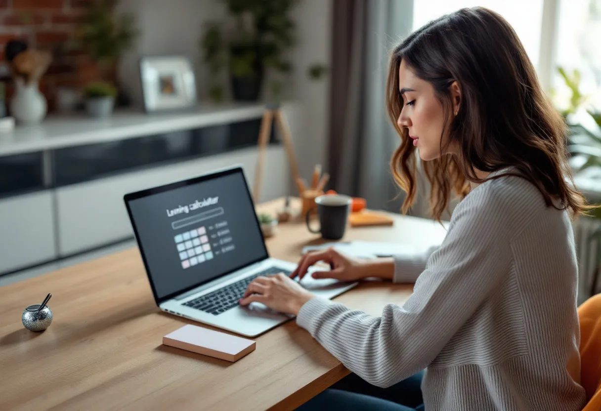 Een jonge vrouw zit aan een strak bureau met een open laptop die een online leningcalculator toont. Naast de laptop liggen een notitieblok, een pen en een glimmend speelgoedautootje. Op de achtergrond een moderne woonkamer met veel daglicht.