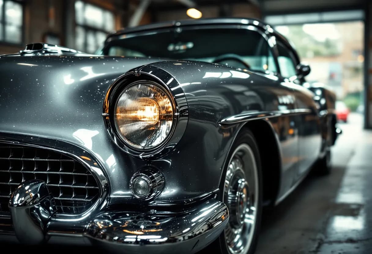 Een fotorealistische close-up van een zeldzame oldtimer met een glimmende zilverkleurige carrosserie, geparkeerd in een stijlvolle garage met zacht museumlicht, omringd door een fluwelen koord.