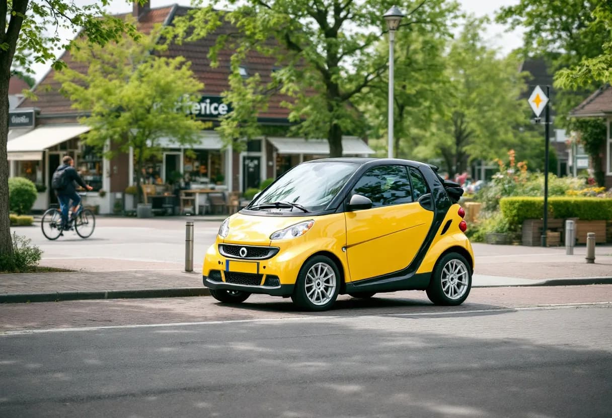 Een gele Smart ForTwo geparkeerd op een kasseienstraat in een schilderachtig Vlaams dorpje, met een fietser die voorbijrijdt en een bakkerij op de achtergrond