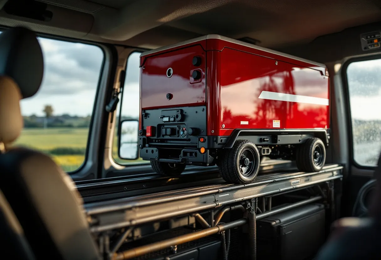 Close-up van een compacte rode brandblusser die stevig aan de rail onder de bestuurdersstoel is gemonteerd, in een helder verlichte auto-interieur met een Vlaams landschap zichtbaar door de voorruit.