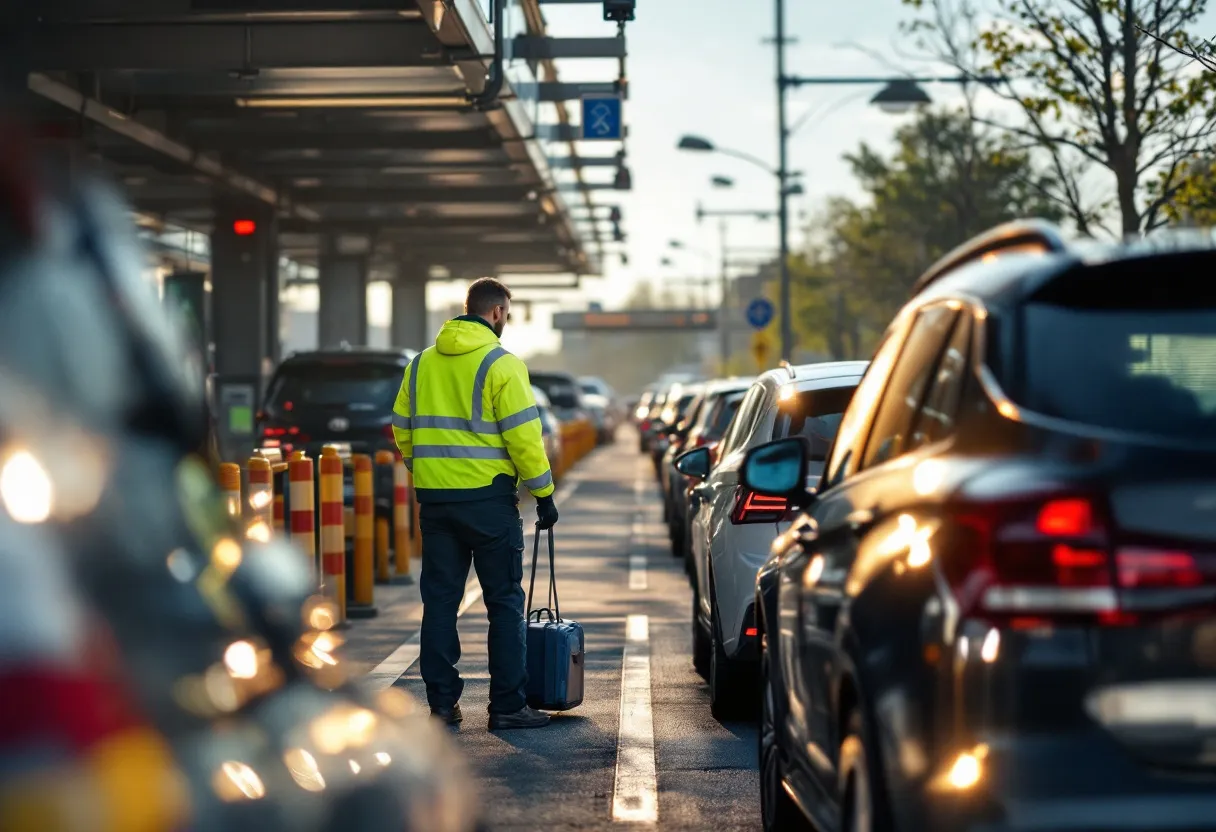 Een zonnige dag bij het autokeuringstation in Oostende, met een rij auto's die wachten voor de inspectiehal en een medewerker in fluorescerende jas die een voertuig begeleidt.