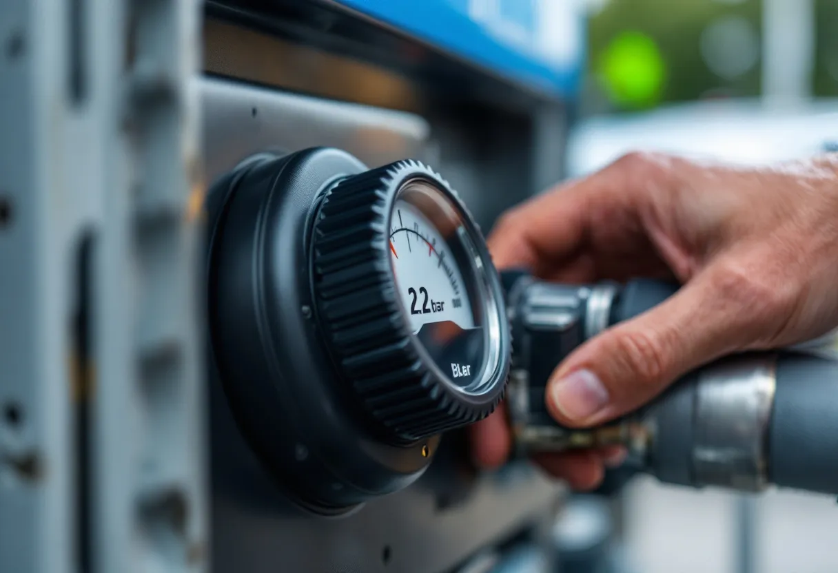 Close-up van een autoband die wordt opgepompt aan een luchtpomp bij een tankstation in Vlaanderen, met een drukmeter die 2.2 bar aangeeft en een hand die de ventieldop vasthoudt.