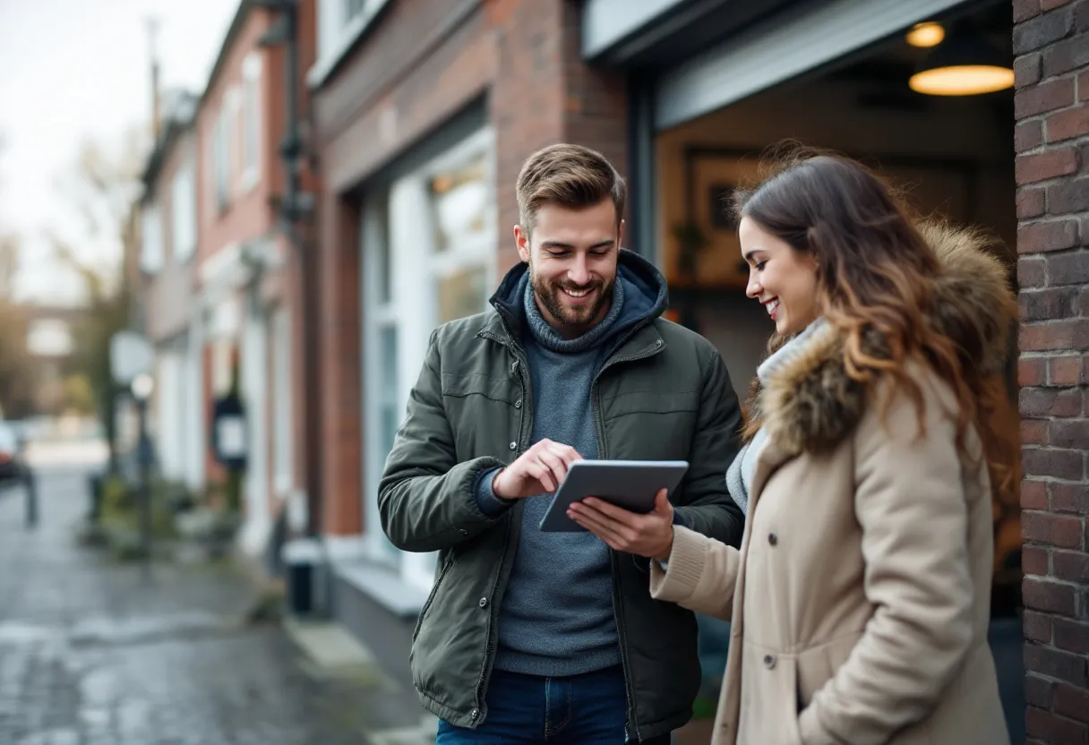 Een jonge man en vrouw staan naast een grijze tweedehands auto voor een garage in een Vlaamse straat, ze bekijken een verzekeringspolis op een tablet.