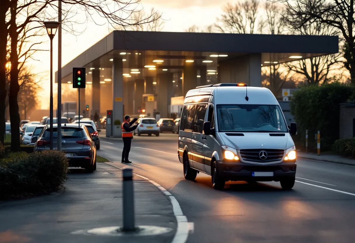 Een zonnige ochtend aan de Wouwerstraat in Heist-op-den-Berg waar een zilvergrijze personenwagen het autokeuringsstation binnenrijdt terwijl een medewerker de koplampen controleert.
