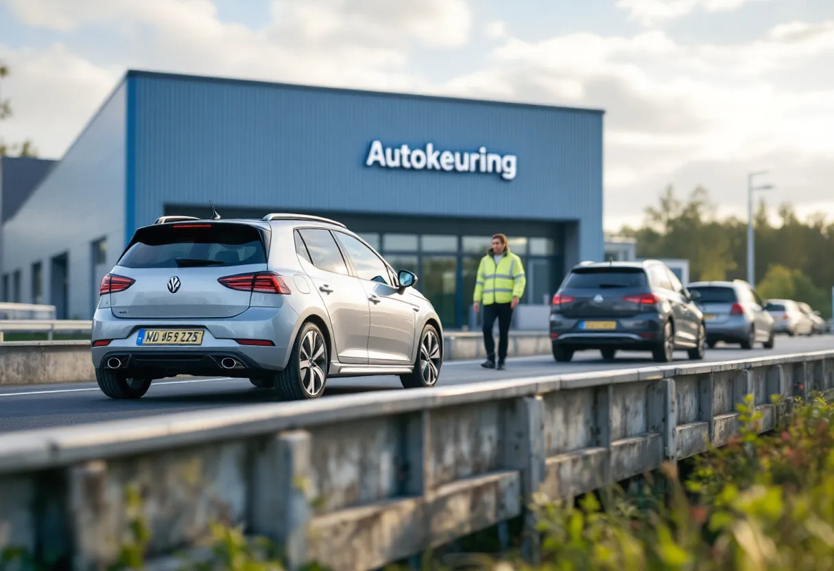 Een fotorealistische scène van een autokeuring in Zemst, met een zilveren hatchback op een hefbrug en een keurmeester in reflecterende kledij die de bandenspanning controleert, terwijl een andere wagen de wachtrij verlaat. Op de achtergrond een modern keuringsstation met blauwe gevel en het opschrift 'Autokeuring', onder een heldere hemel.