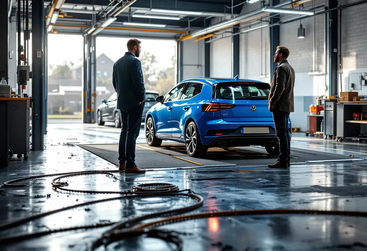 Een goed verlichte keuringshal met een blauwe tweedehandsauto op de tilbrug terwijl een keurmeester de onderkant inspecteert.