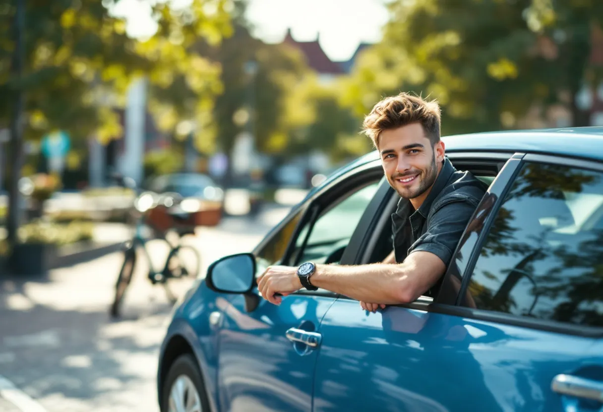 Een glimlachende jonge bestuurder stapt in een compacte blauwe hatchback op een zonnige parking in een Vlaamse stad, met op de achtergrond een fietsenrek en kasseien.