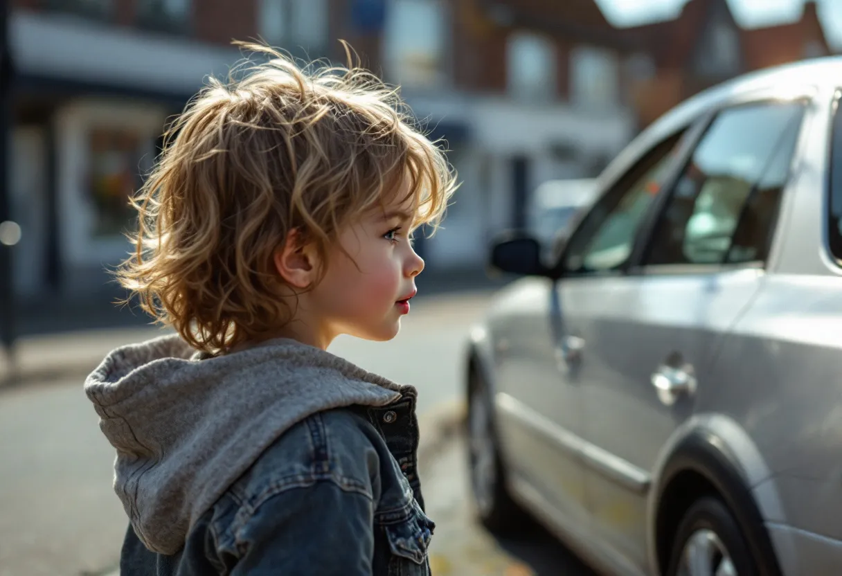 Een jonge koppel glimlacht voor een zilverkleurige tweedehands auto die geparkeerd staat op een zonnige kasseienstraat met Vlaamse gevels op de achtergrond.
