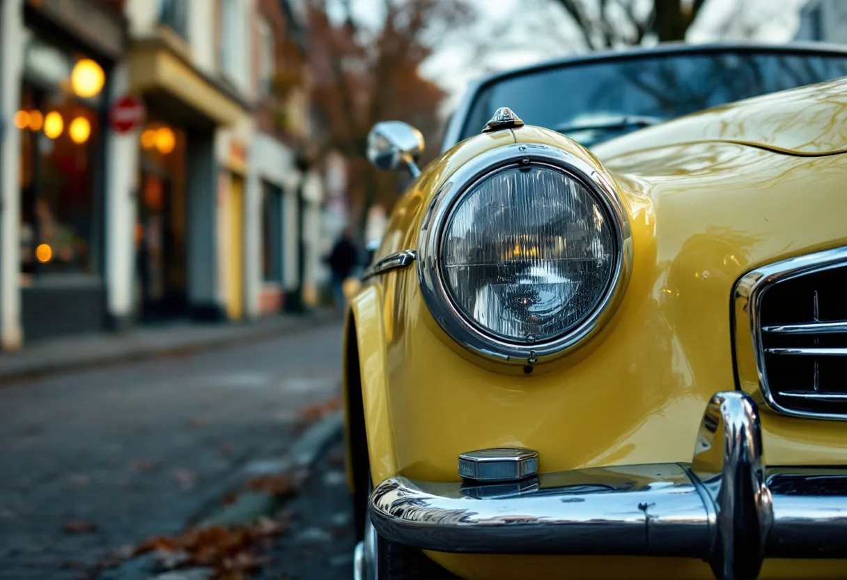Een fotorealistische close-up van een glanzende gele tweedehands auto geparkeerd op een Vlaamse kasseienstraat, met een oud stadsgezicht op de achtergrond en reflecties van bomen in de lak.