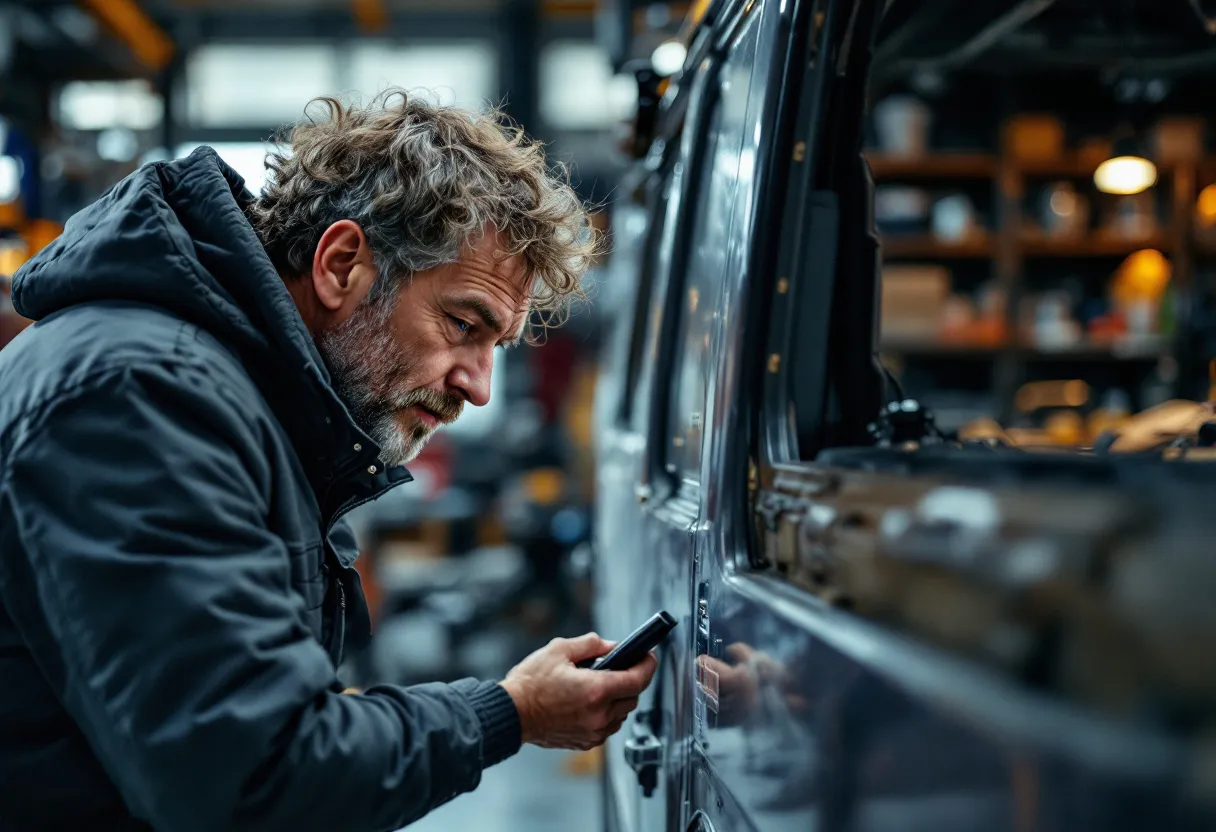 Een fotorealistische close-up van een monteur die een origineel remblok inspecteert naast een opgekrikte compacte wagen in een goed verlichte Vlaamse garage, met een kast vol onderdelen op de achtergrond.