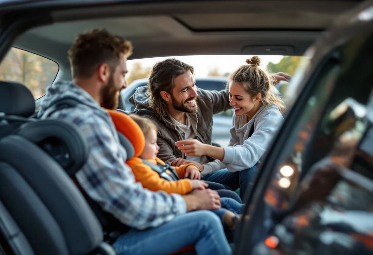Een jong gezin bekijkt een tweedehands auto op de oprit van een garage in een Vlaamse stad. De vader buigt zich over de achterbank om een oranje kinderzitje vast te klikken aan de Isofix-punten, terwijl zijn partner met een peuter op de arm goedkeurend toekijkt.