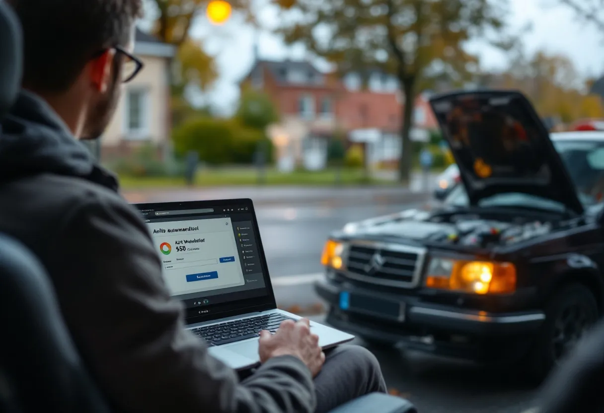 Een Vlaming bekijkt op zijn laptop een online autowaardetool, terwijl zijn huidige auto voor de deur geparkeerd staat met een Vlaamse kentekenplaat.