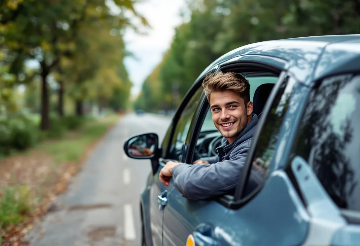Een jonge chauffeur met een glimlach naast een net aangekochte compacte tweedehandswagen op een zonnige oprit in Vlaanderen, met de autoschoolsticker nog op de achterruit.