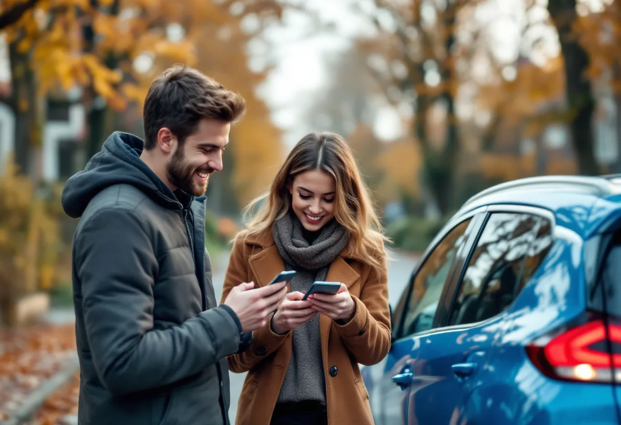 Een jonge man en vrouw kijken glimlachend op een smartphone naar auto-opties terwijl ze voor een glanzende blauwe hatchback staan in een rustige straat in Antwerpen met bomen op de achtergrond.