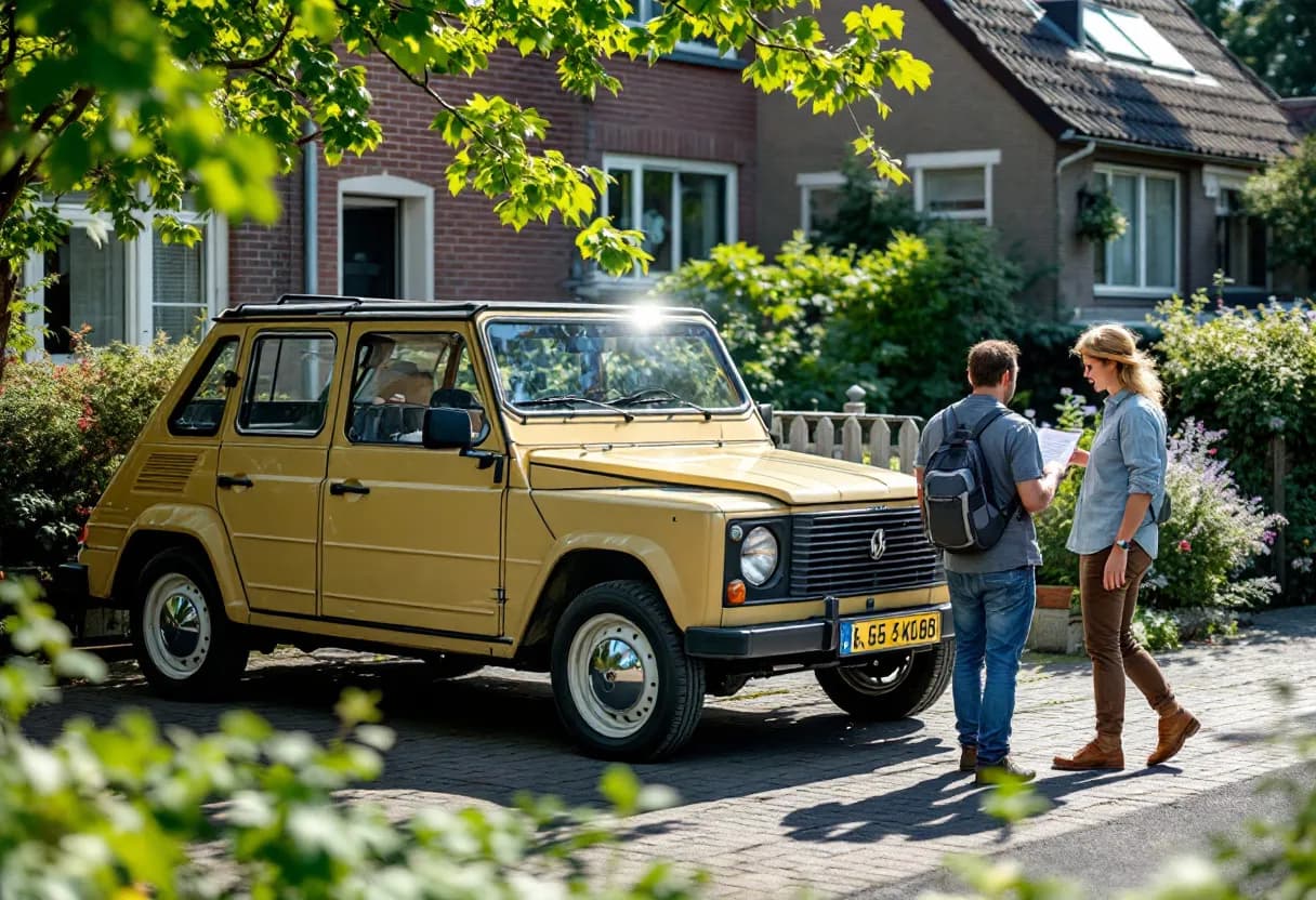 Een proper geparkeerde tweedehands gezinswagen glanst in de zon voor een typisch Vlaamse bakstenen woning, terwijl een verkoper vriendelijk de autopapieren overhandigt aan een geïnteresseerde koper.