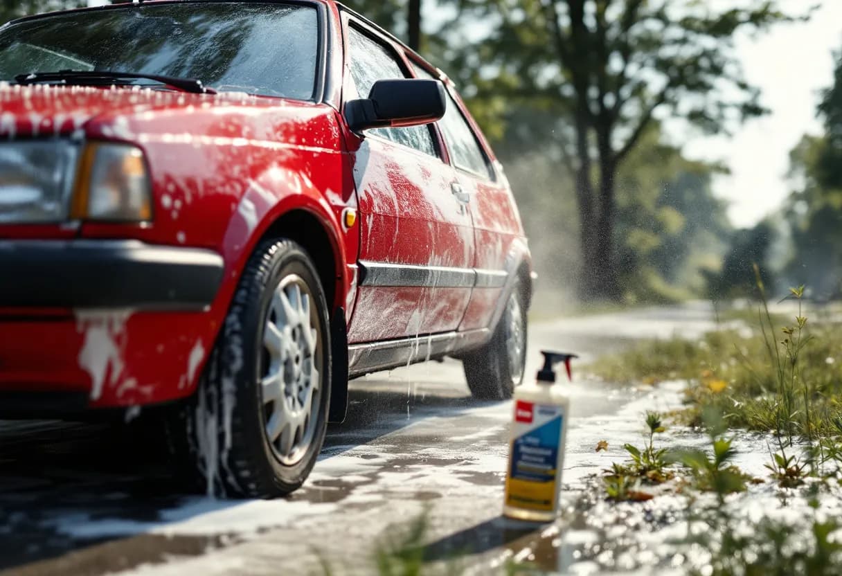 Een jonge Vlaming wast zijn rode tweedehands hatchback op een zonnige oprit met een emmer, autoshampoo en een microvezeldoek.