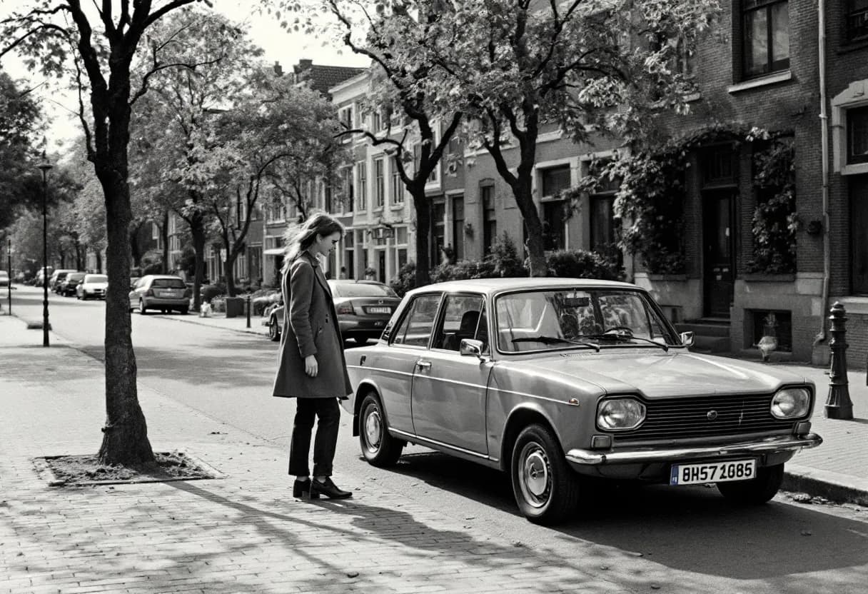 Een jonge vrouw glimlacht terwijl ze naast een geparkeerde tweedehandsauto staat op een zonnige Vlaamse straat met bomen en typische baksteenarchitectuur.