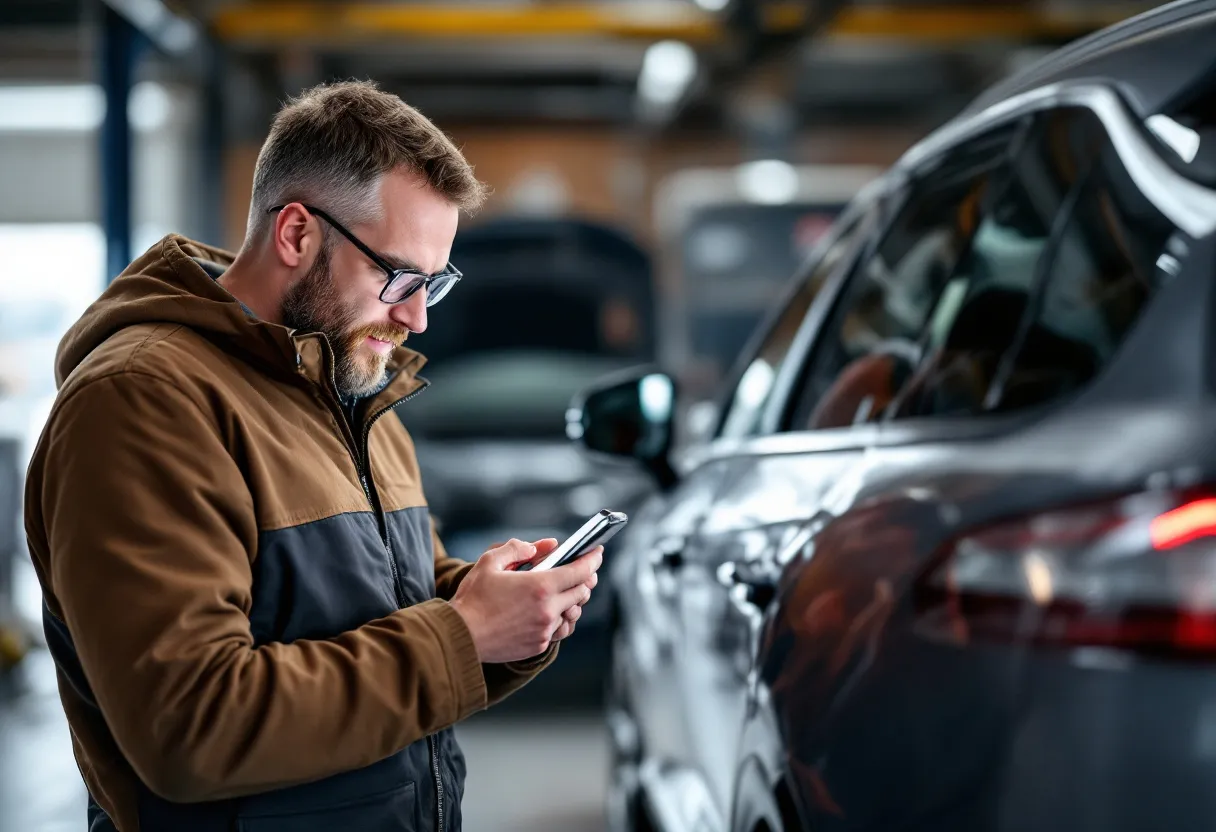 Een monteur in een garage in Ronse inspecteert een tweedehandsauto terwijl een kijker op zijn smartphone een auto-vergelijkingsapp bekijkt.