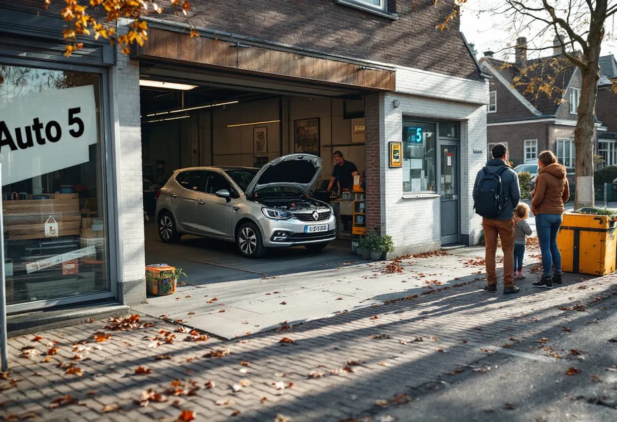 Een fotorealistisch beeld van een autogarage aan de Bredabaan in Schoten, met een monteur die een zilverkleurige tweedehands hatchback inspecteert op een brug, terwijl buiten een bord 'Auto 5' zichtbaar is en een gezin met een kinderzitje toekijkt, op een zonnige Vlaamse ochtend.