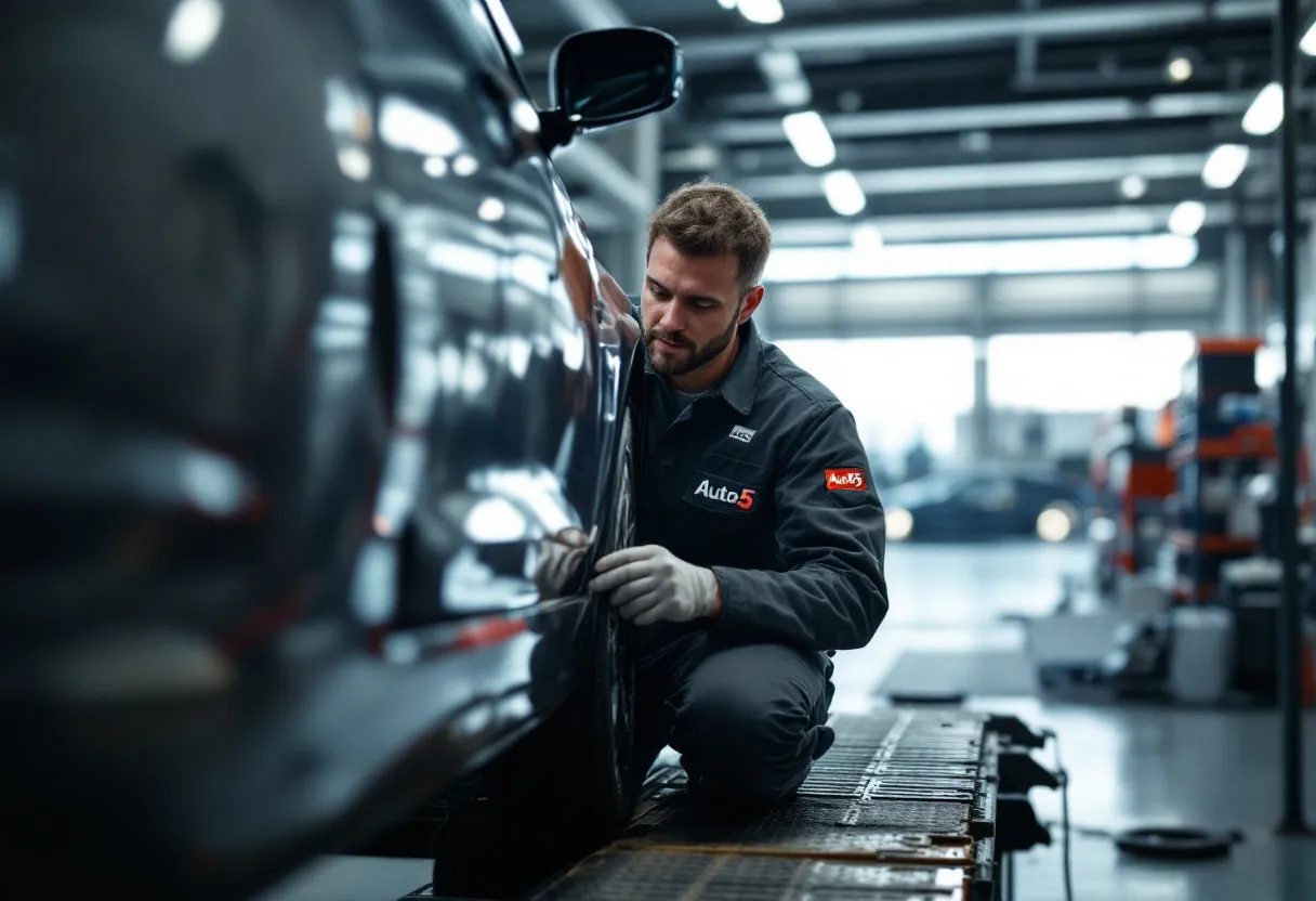 Een monteur in overall met Auto5-logo inspecteert de remmen van een tweedehandsauto op een brug in een heldere garage met bandenrekken op de achtergrond.