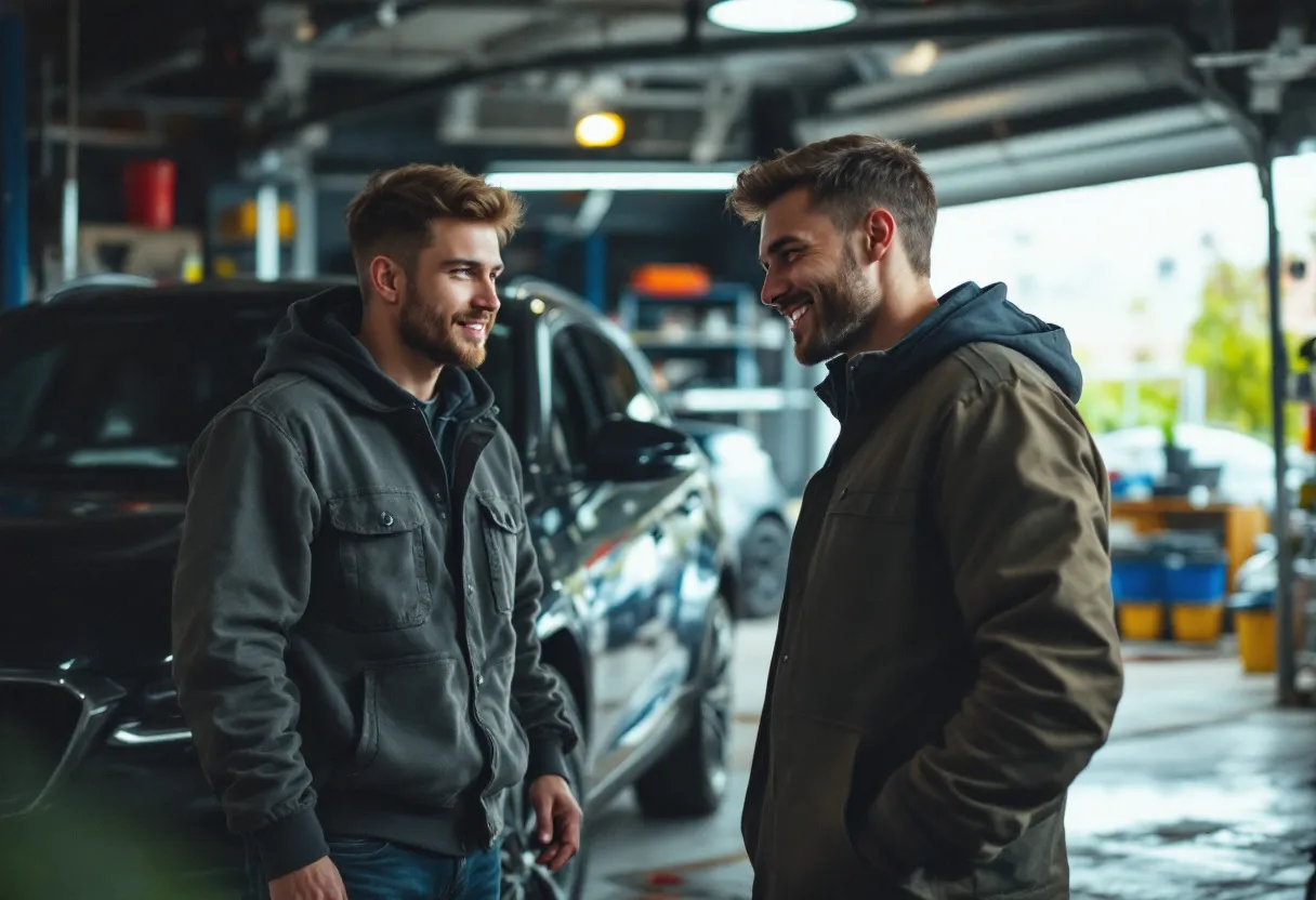 Een jonge bestuurder staat naast een betaalbare tweedehandsauto en overlegt met een garagist in een heldere, moderne garage tussen stellingen vol auto-onderdelen.