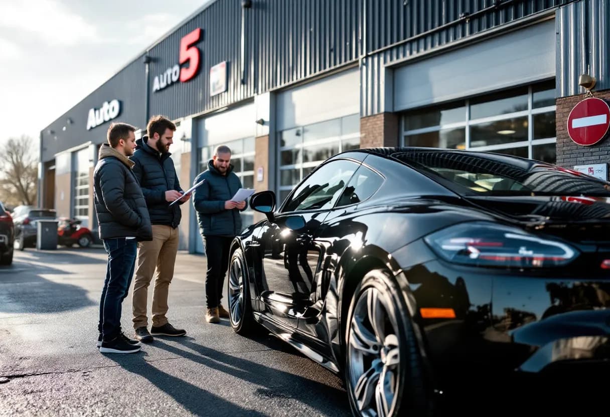 Een koppel bekijkt een glimmende tweedehandsauto op de parkeerplaats van Auto5 in Borsbeek, terwijl een monteur de motor inspecteert met een checklist en het garagegebouw op de achtergrond zichtbaar is.