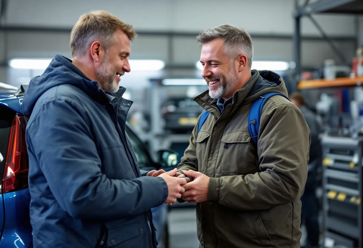 Een klant bespreekt de onderhoudsbeurt van zijn blauwe tweedehandsauto met een monteur bij Auto5 Jemappes, terwijl op de achtergrond gepoetste banden en motorolieflessen staan opgesteld.