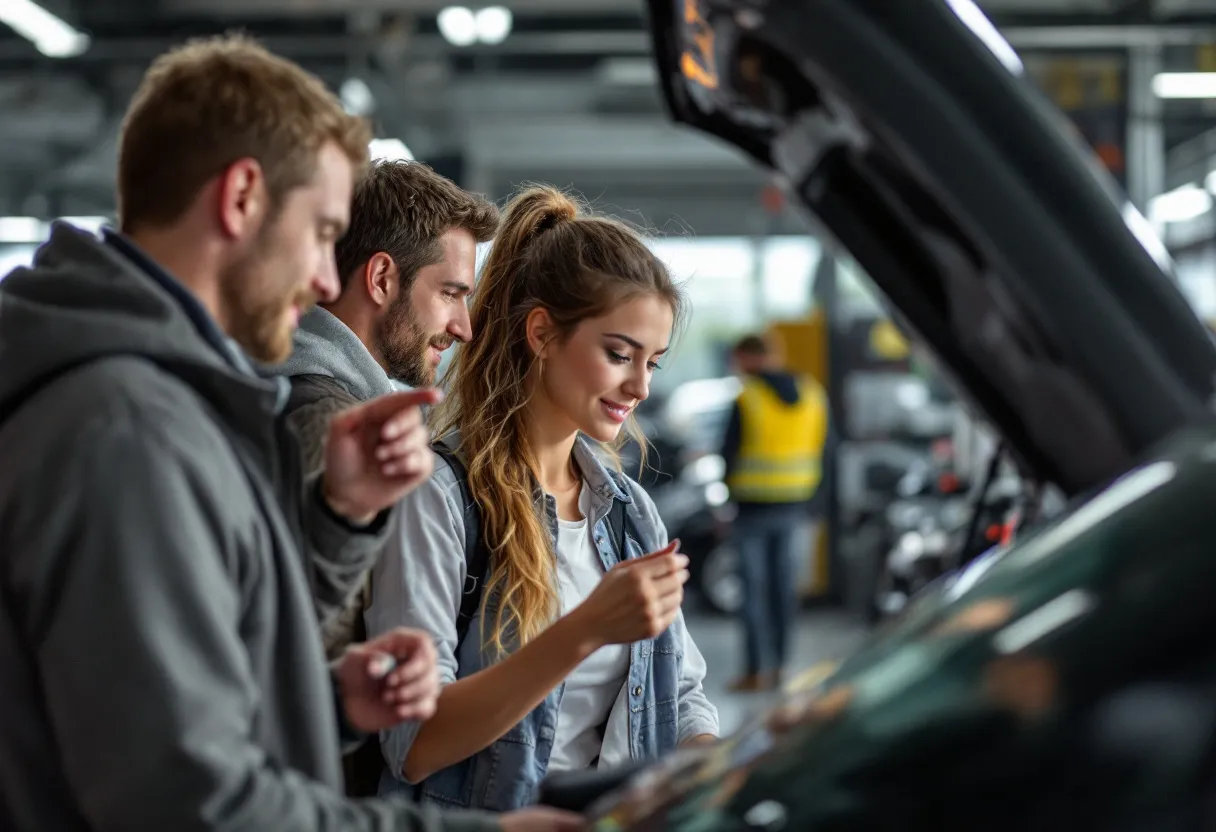 Een jonge vrouw en man inspecteren een tweedehandsauto voor een openstaande motorkap bij Auto 5 in Brugge, terwijl een monteur uitleg geeft over de motor.