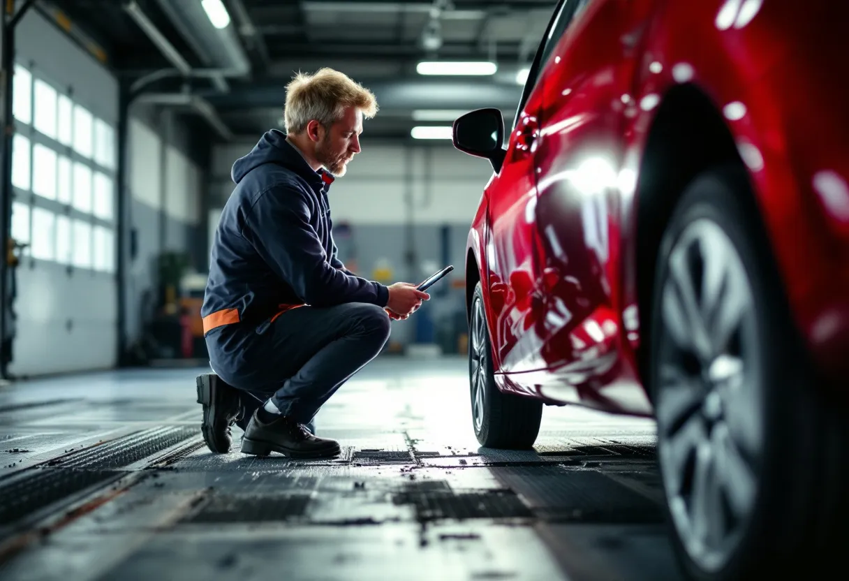 Een glimlachende monteur in een helder verlichte garage inspecteert een rode tweedehandsauto voor een klant in Lier.