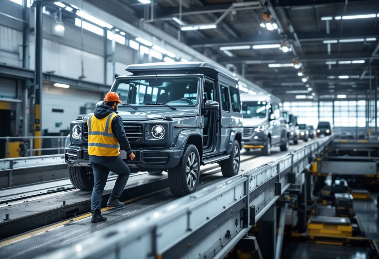 Een fotorealistische foto van een moderne Auto 5 werkplaats in Herstal, met een monteur die een tweedehandsauto op een brug inspecteert, terwijl bandenrekken en gereedschapswagens op de achtergrond zichtbaar zijn.