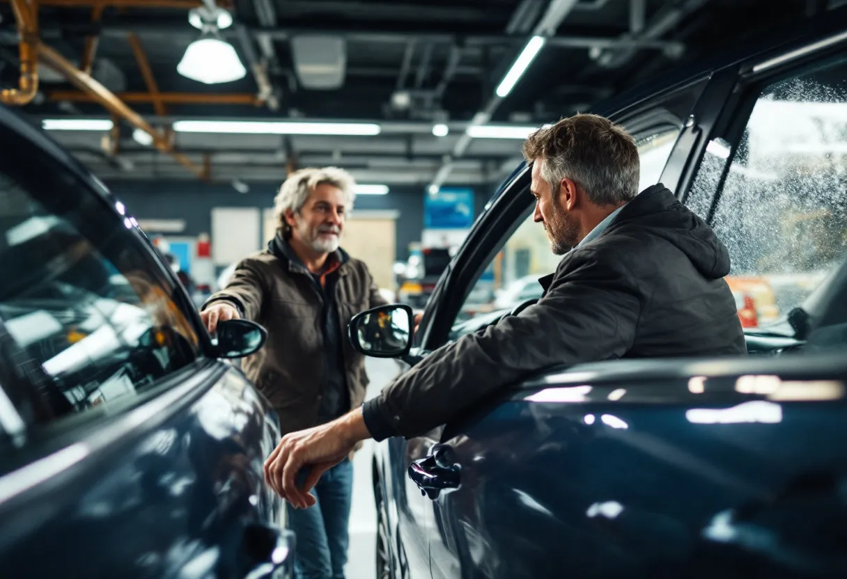 Een fotorealistische foto van een klant die zijn recent gekochte tweedehandsauto laat nakijken in een Auto5-garage in Sint Denijs Westrem, met een monteur die de motor controleert terwijl de eigenaar toekijkt.
