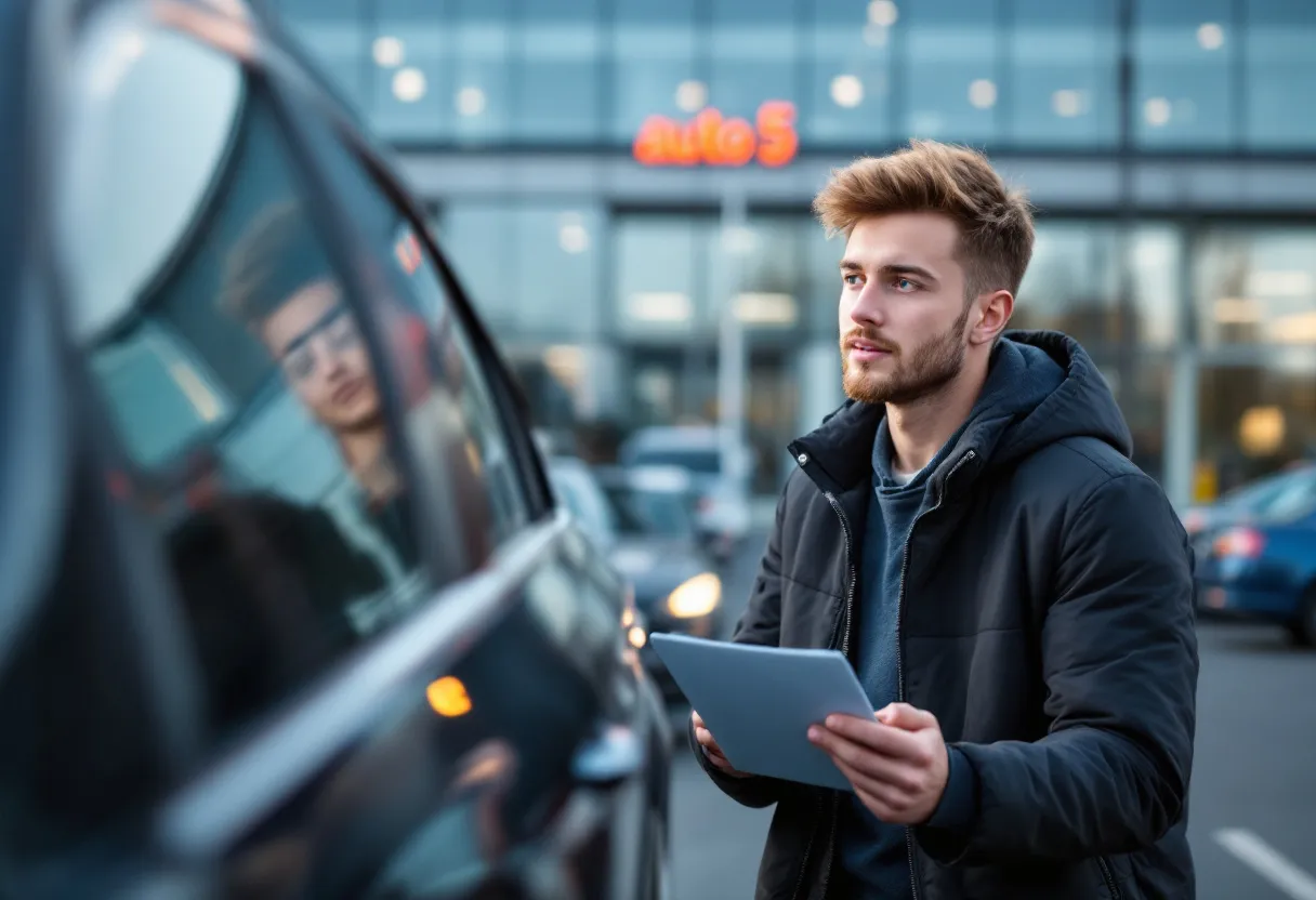 Een jonge bestuurder bekijkt een tweedehandsauto op de parking van Auto5 in Hasselt, met het moderne glazen gebouw op de achtergrond en een glimlachende technieker die een checklist vasthoudt.