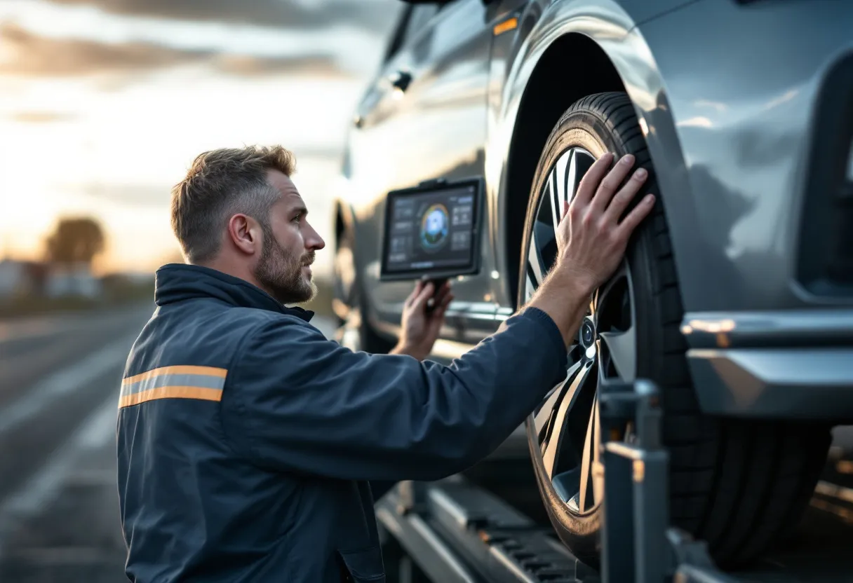 Een ervaren monteur bij Auto5 Soignies inspecteert een zilveren stadswagen op een hefbrug, terwijl op de achtergrond een digitaal diagnosescherm de motorwaarden toont.