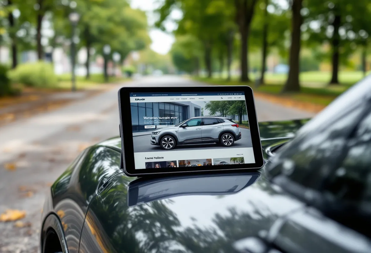 Een tablet op de motorkap van een zilvergrijze tweedehandsauto, met een vergelijkingswebsite voor auto's op het scherm, geplaatst op een rustige parkeerplaats met bomen langs de rand in Bouge.