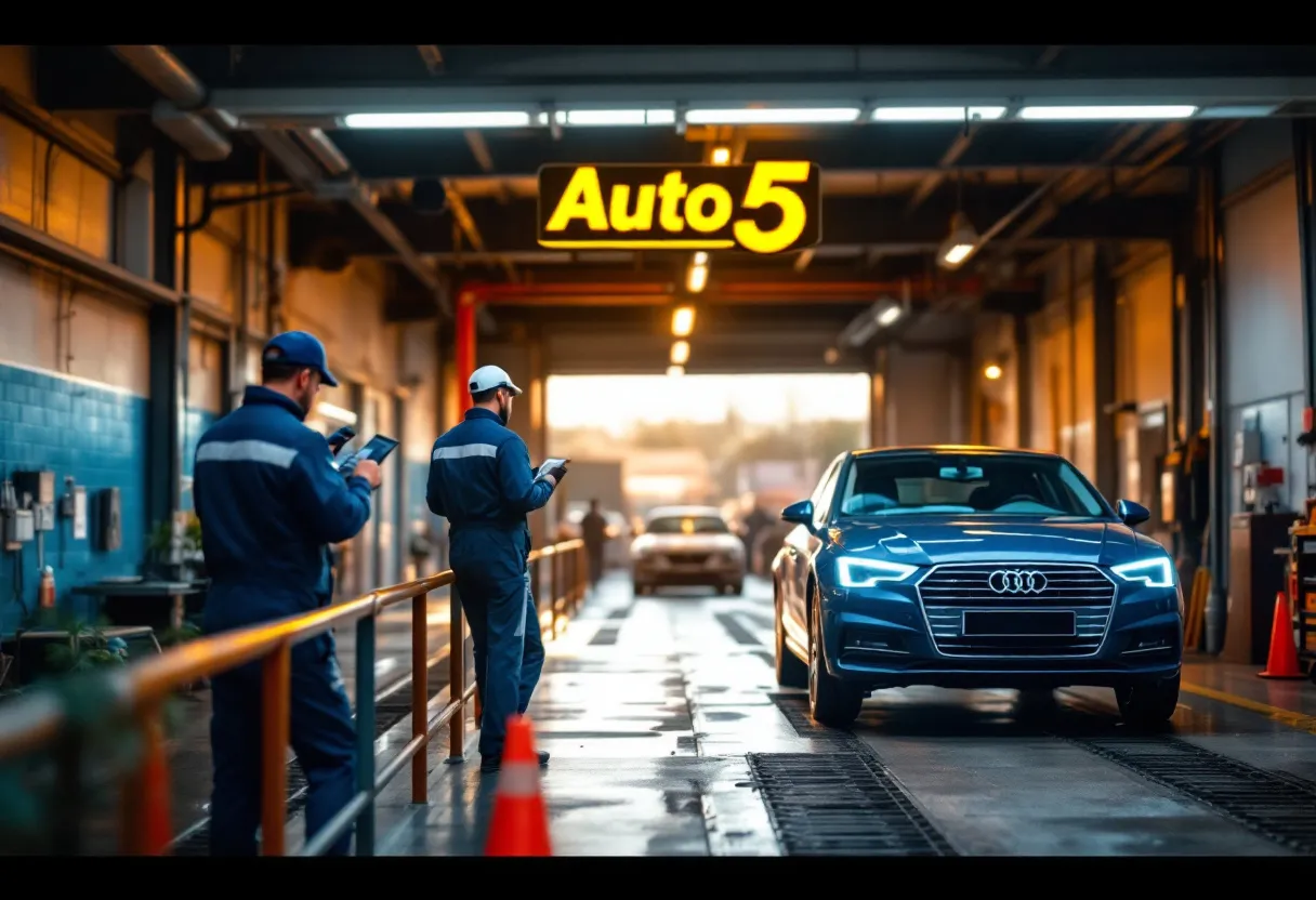 Een fotorealistische scène van een klant die zijn tweedehandsauto laat keuren op een brug bij de helder verlichte garage van Auto5 Froyennes, met monteurs in blauwe overalls die de motor inspecteren.