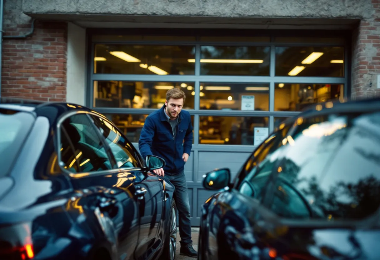 Een jonge bestuurder inspecteert een glanzende tweedehandsauto voor een garage met glazen deuren, gelegen aan een rustige straat in Gembloux.