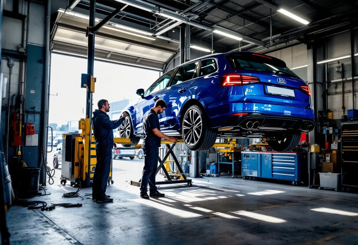 Een helder verlichte garage in Geel waar een monteur een blauwe tweedehandsauto op een brug inspecteert, met gereedschap op de achtergrond.