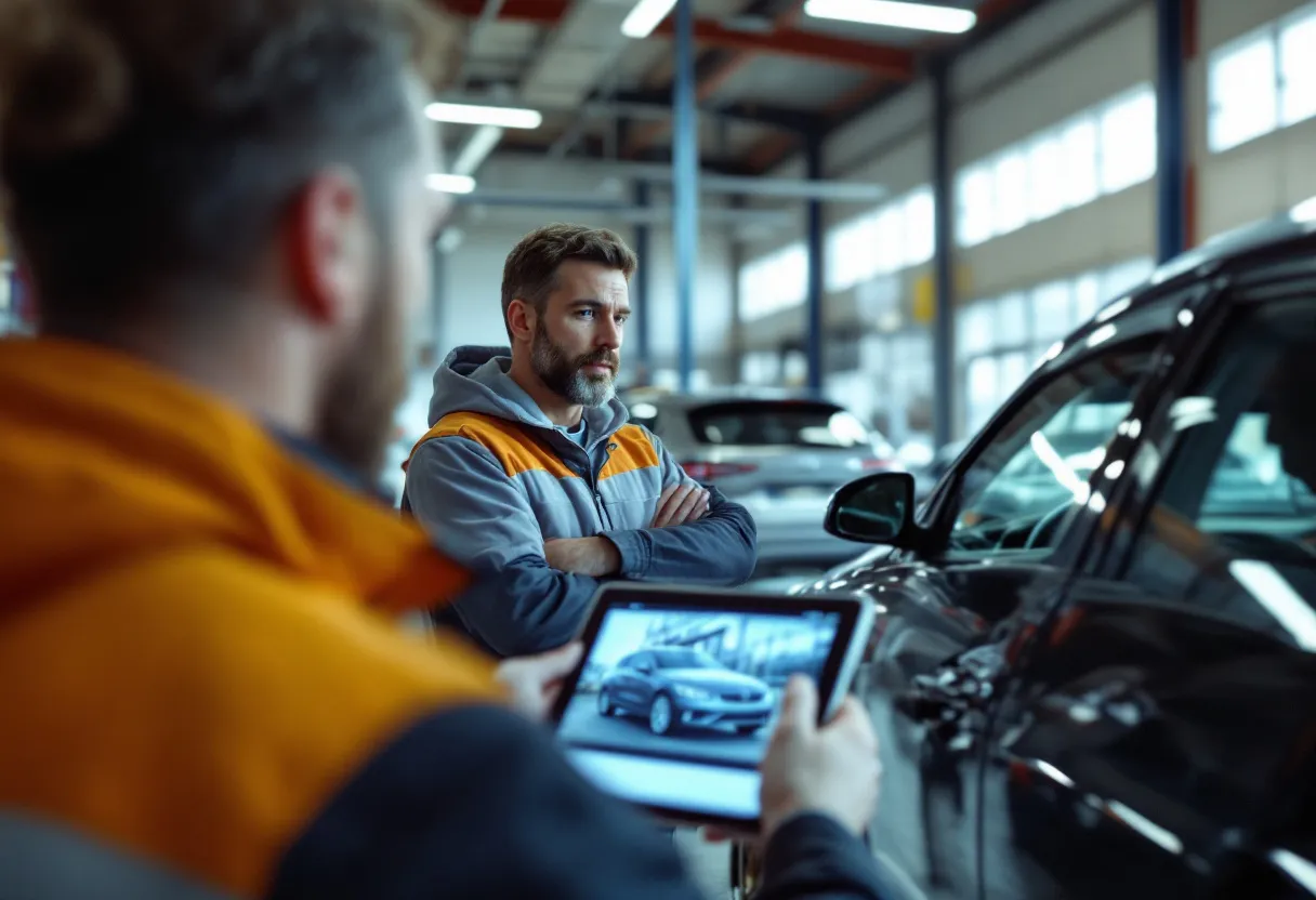 Een moderne autogarage in Maasmechelen met een monteur die een gebruikte auto inspecteert, terwijl een gezin op de achtergrond via een tablet de tweedehandsauto-matcher bekijkt.