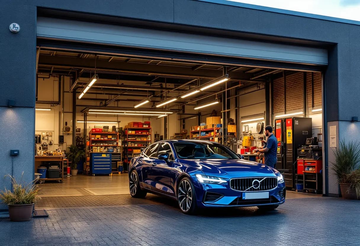 Een glanzende donkerblauwe tweedehandsauto staat voor een moderne, helder verlichte garage met een open deur, zichtbare bandenrekken en een monteur die een oliewissel uitvoert.