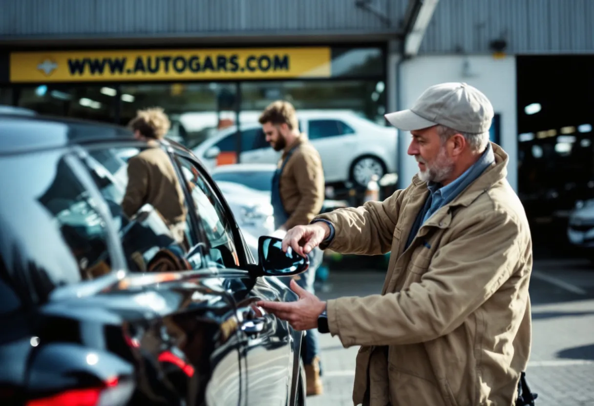 Een glimlachende jongeman leunt tegen zijn pas gekochte tweedehandsauto op de parking van een autogarage in Bilzen, terwijl een monteur in overall het onderhoudsboekje overhandigt.