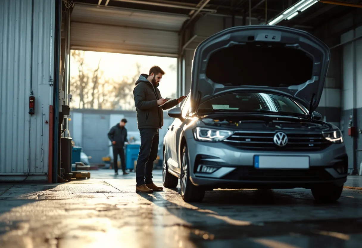 Een jonge chauffeur inspecteert een tweedehandsauto op de oprit van een helder verlichte autogarage in Bierges, terwijl een technieker uitleg geeft bij de open motorkap.