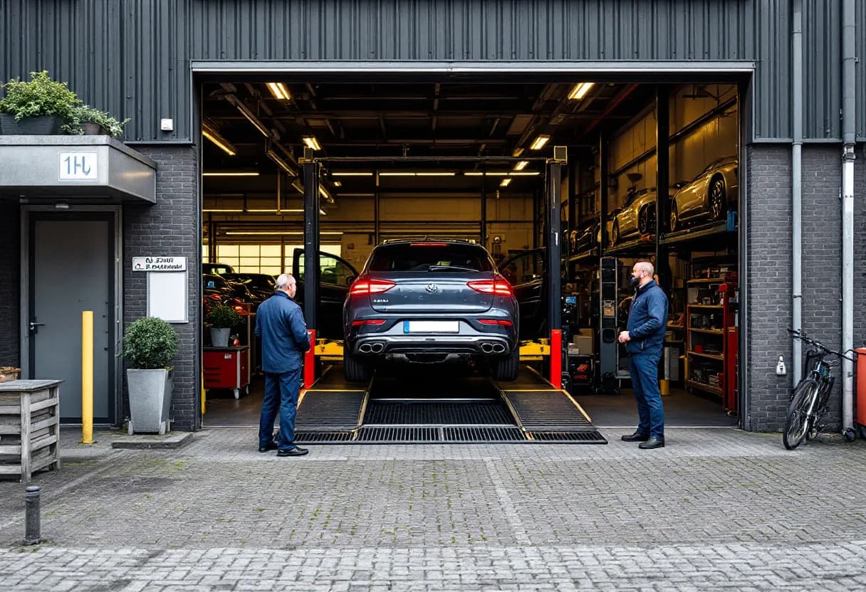 Een helder beeld van een moderne garage in Diest, met een monteur die een gebruikte auto op een brug inspecteert, terwijl een klant bij de balie staat te wachten en er rekken met autobanden zichtbaar zijn op de achtergrond.