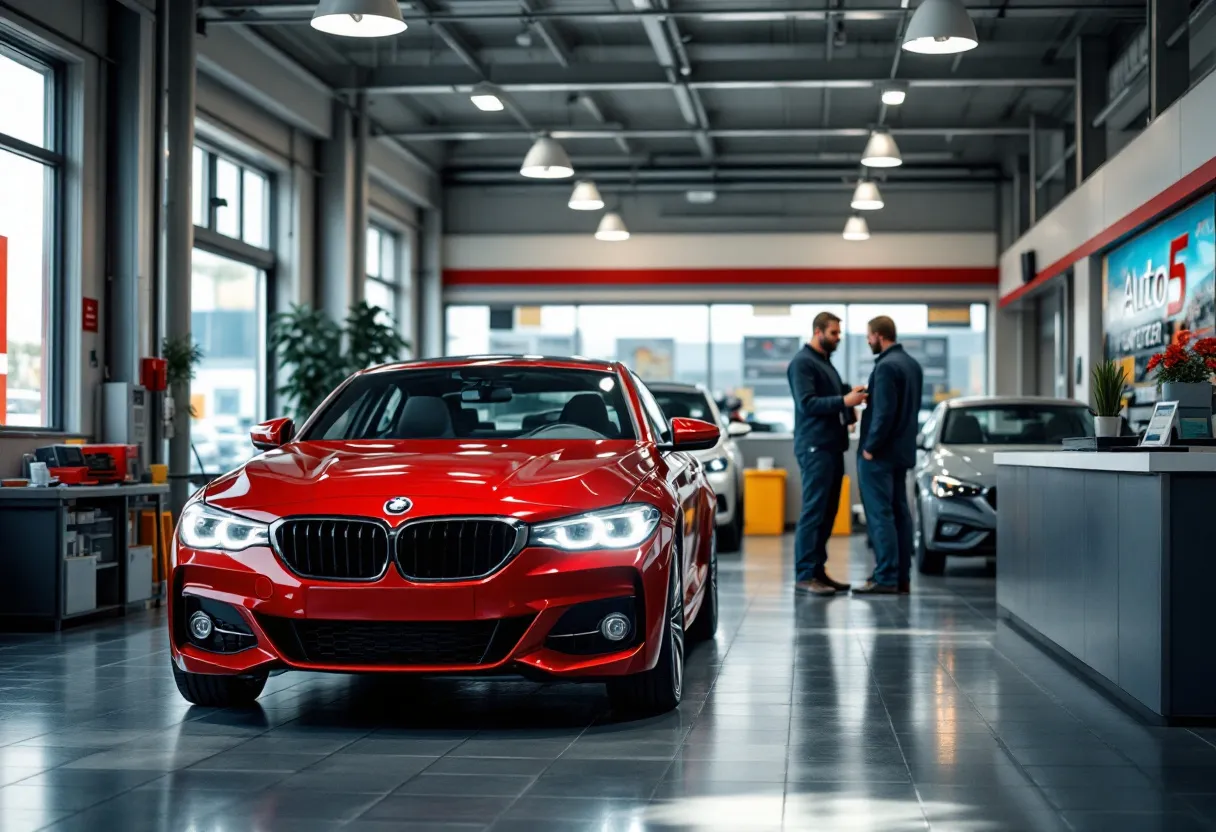 Een heldere, ruimtelijke fotorealistische opname van het Auto5-centrum in Flémalle-Grande, met een glimmende occasion op de voorgrond, een monteur die een motor inspecteert op de achtergrond, en een medewerker die een klant vriendelijk adviseert in de ontvangstruimte.