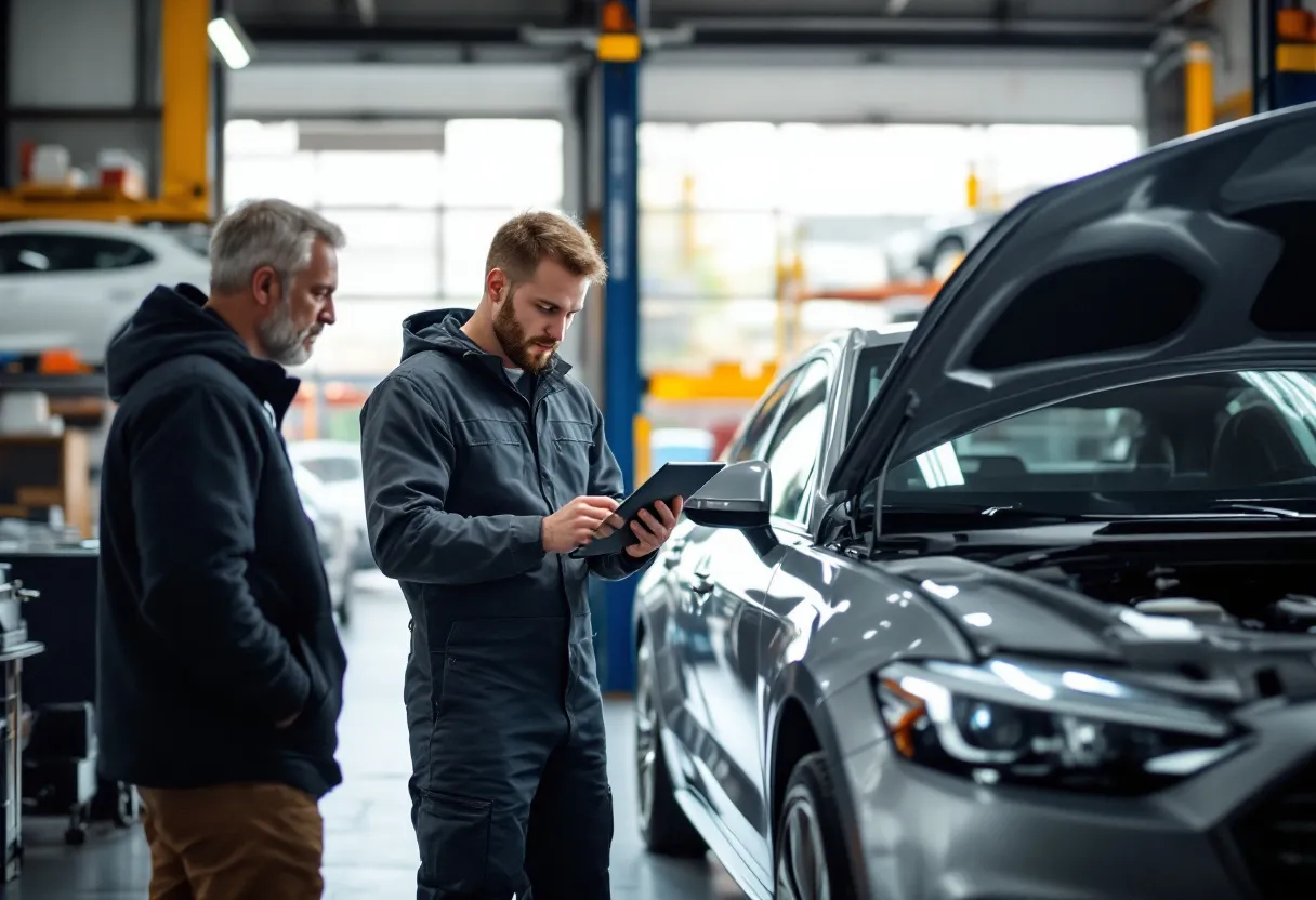 Een fotorealistisch beeld van een monteur in een moderne garage die met een tablet naast een open motorkap van een zilveren sedan staat, terwijl een klant toekijkt. Op de achtergrond zijn autobruggen en bandenrekken zichtbaar.