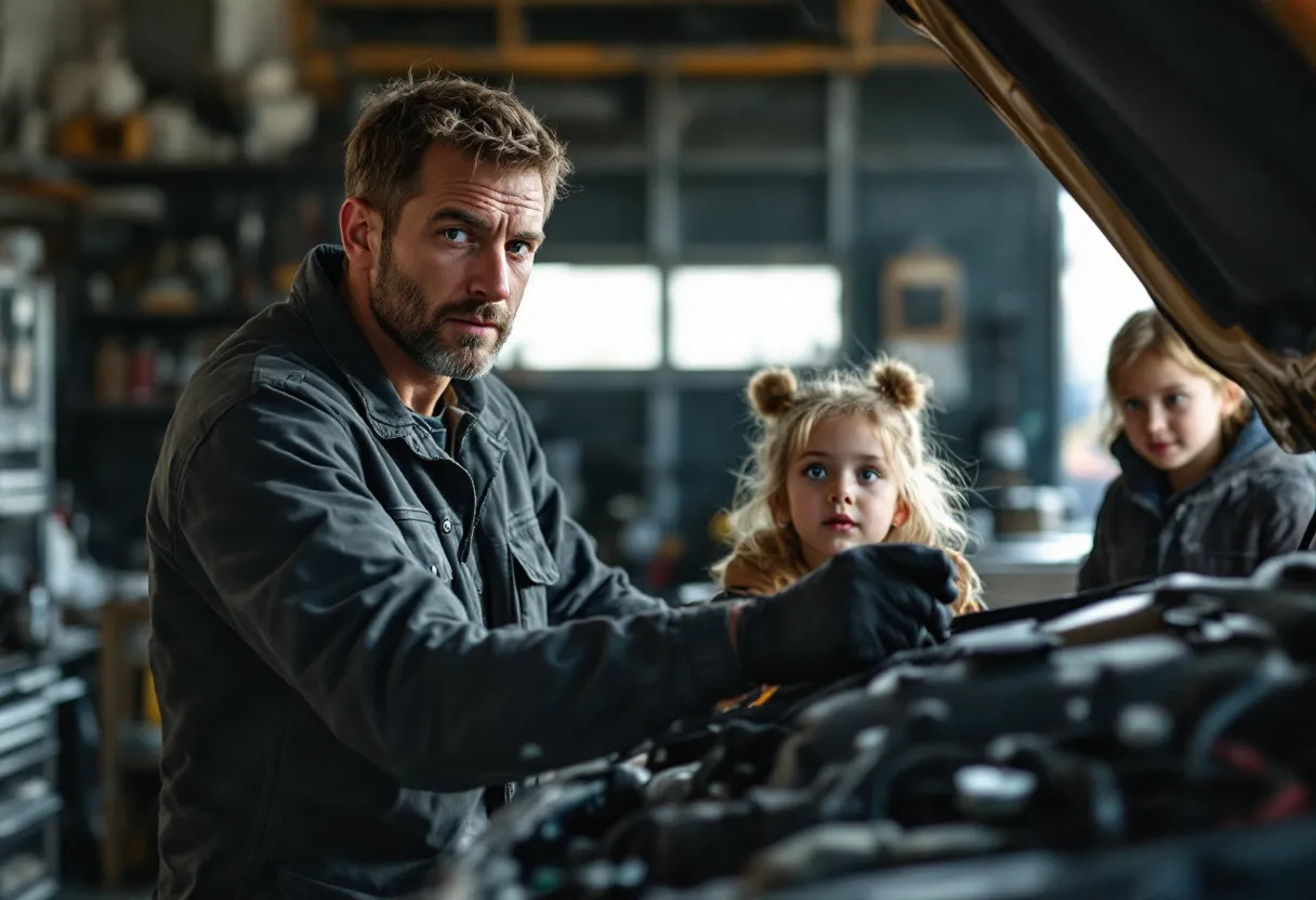Een fotorealistische foto van een monteur in een lokale garage in Vlaanderen die de motor van een gebruikte auto controleert, terwijl een jong gezin toekijkt.