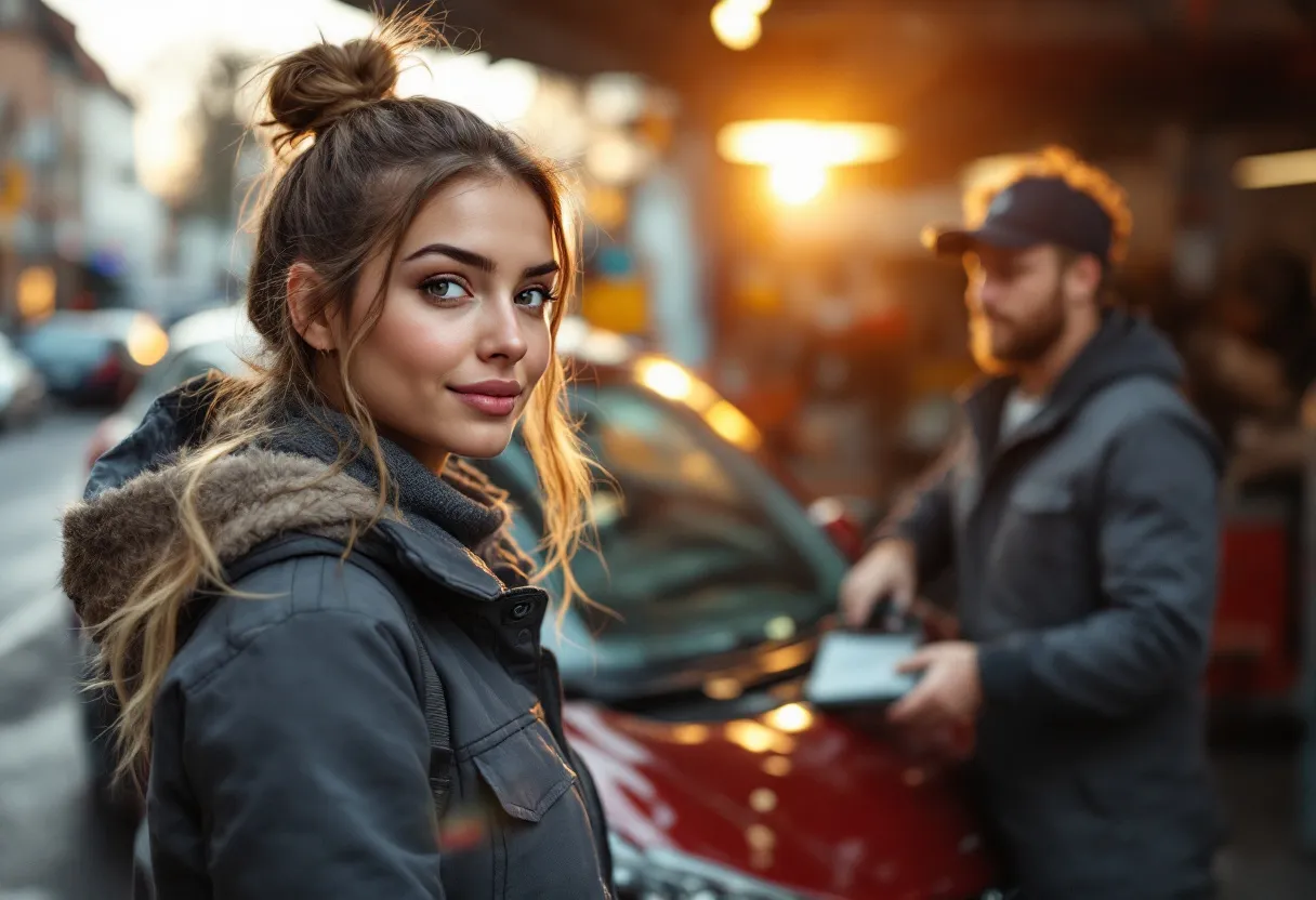 Een glimlachende jonge vrouw leunt tegen een rode tweedehandsauto voor een moderne garage aan de Rue Saint Jacques in Dinant, terwijl een vakbekwame mecanicien de motor inspecteert.