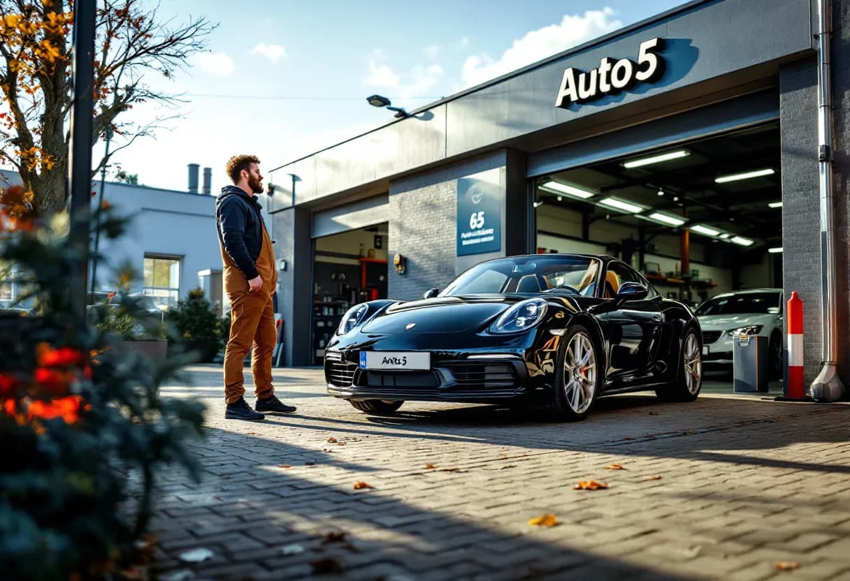 Een frisse, moderne Auto5-garage in Mouscron met glimp van een glimmende zwarte tweedehandsauto die klaarstaat voor een proefrit, terwijl een lachende monteur een jonge man uitleg geeft bij de auto.