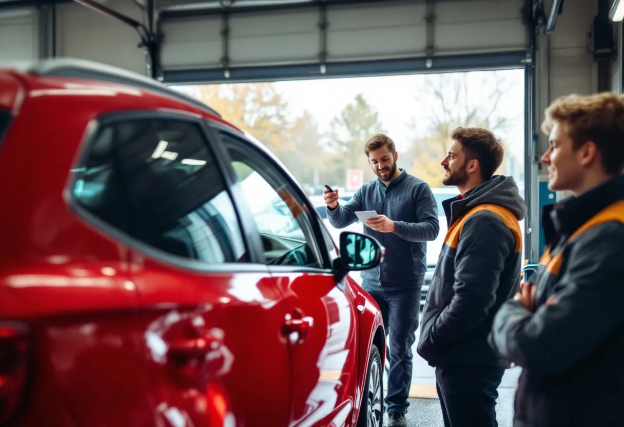Een rode tweedehandsauto op een brug in een lichte garage van Auto 5 Turnhout, terwijl een monteur de motor inspecteert en een jonge klant tevreden toekijkt.