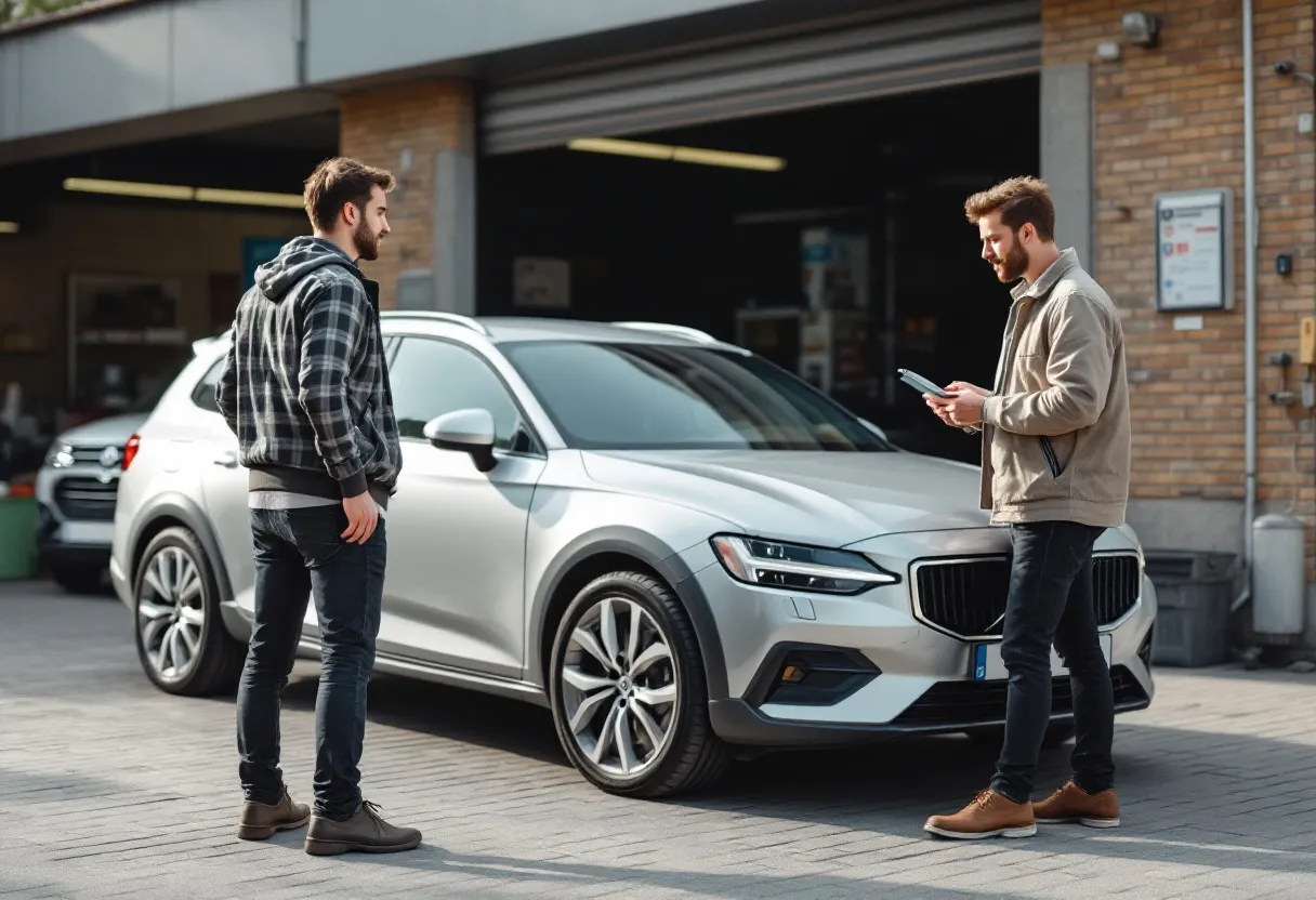 Een jonge man bekijkt een zilveren tweedehandsauto op een zonnige parkeerplaats bij een garage in Messancy, terwijl een monteur met een tablet de technische staat controleert.